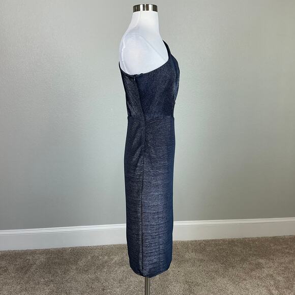 Betsy & Adam Metallic One Shoulder Midi Sheath Cocktail Party Dress Blue Size 6 - Picture 3 of 11